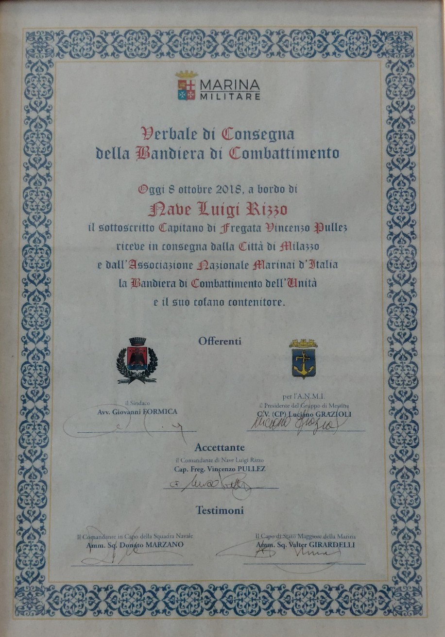 Verbale di consegna della Bandiera di Combattimento di Nave Luigi Rizzo, 8 ottobre 2018