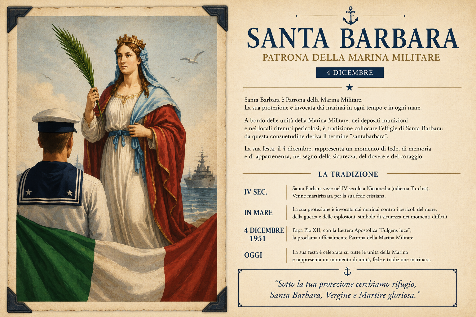 Santa Barbara, Patrona della Marina Militare, con Marinaio e nave sullo sfondo