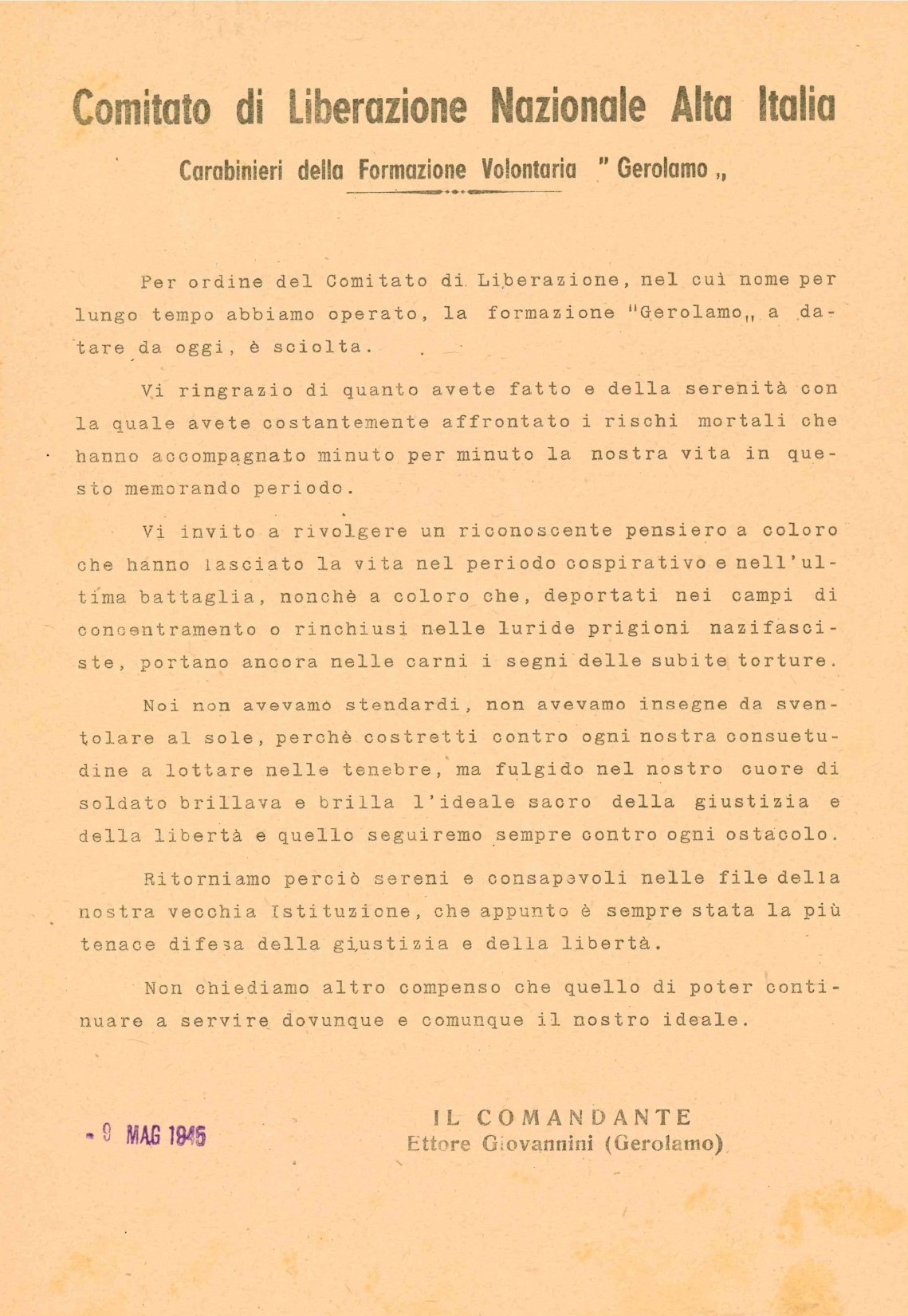 Documento storico del 9 maggio 1945 ingrandito